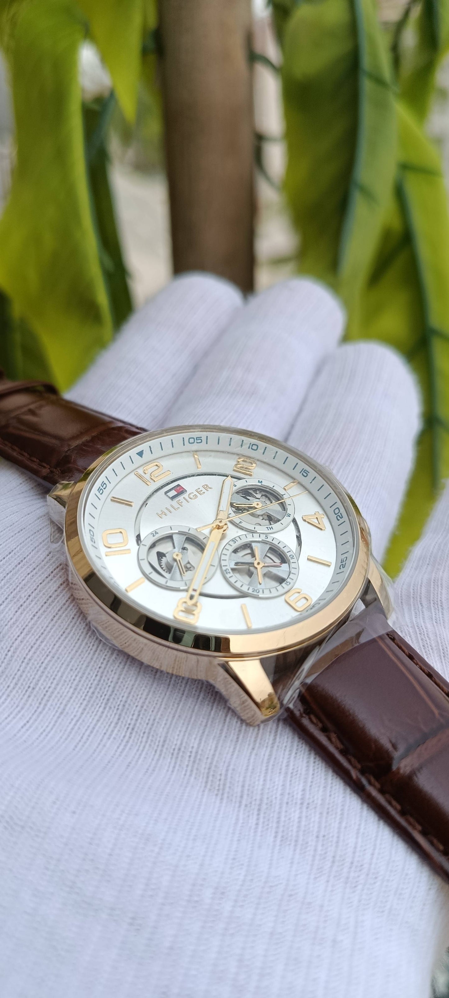 Tommy Hilfiger Harrison Men's Multifunction Watch – Silver Skeleton Dial, Gold-Tone Case, Brown Leather Strap | Ref. 1790874