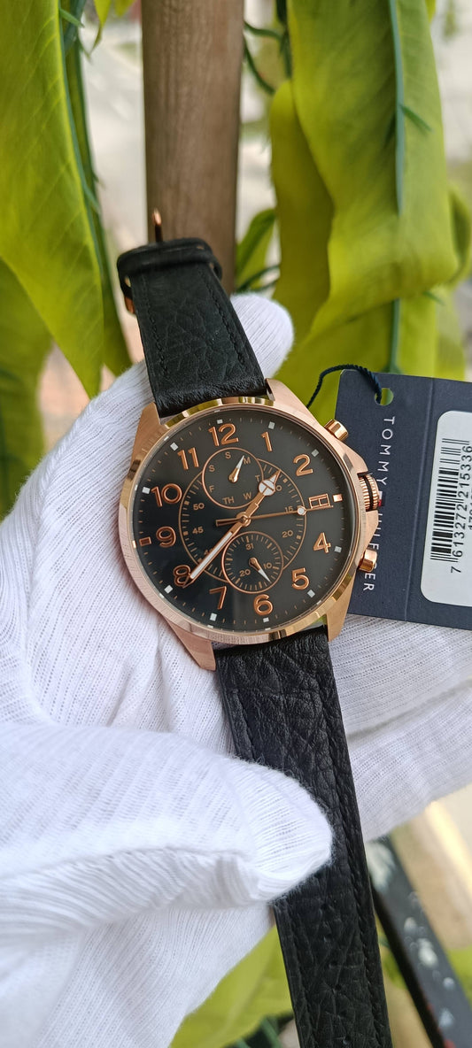 Tommy Hilfiger Men's Rose Gold-Tone Multifunction Watch – Brown/Black Dial, Black Leather Strap