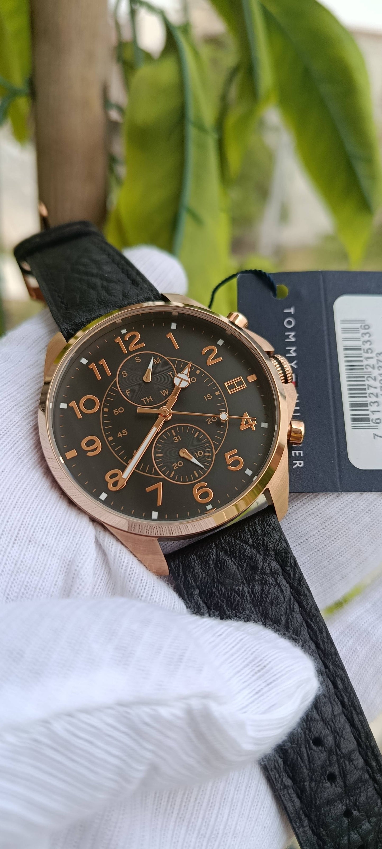 Tommy Hilfiger Men's Rose Gold-Tone Multifunction Watch – Brown/Black Dial, Black Leather Strap