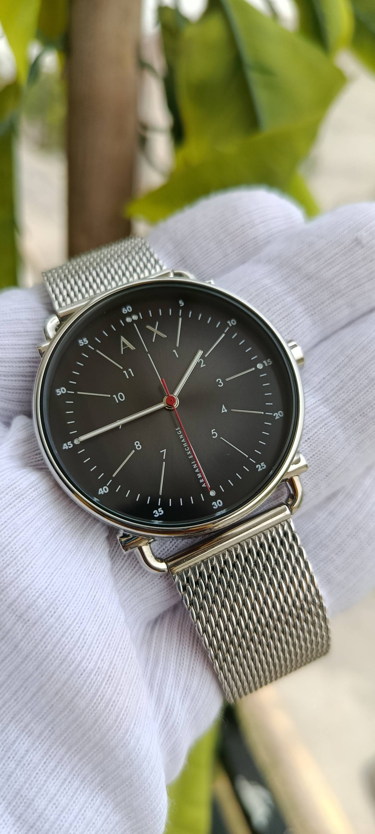 Armani Exchange Cayde Men's Watch – Grey Sunray Dial, Silver Mesh Bracelet | AX2700