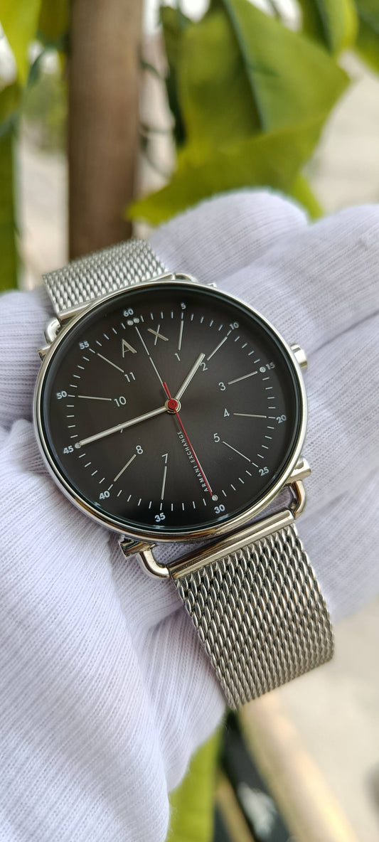 Armani Exchange Cayde Men's Watch – Grey Sunray Dial, Silver Mesh Bracelet | AX2700
