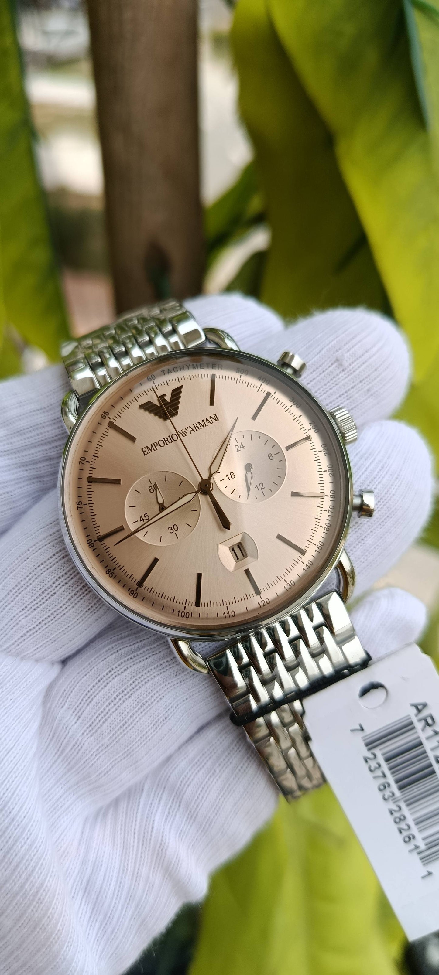 Emporio Armani Men's Chronograph Watch – Rose Gold Dial, Stainless Steel Bracelet, Tachymeter