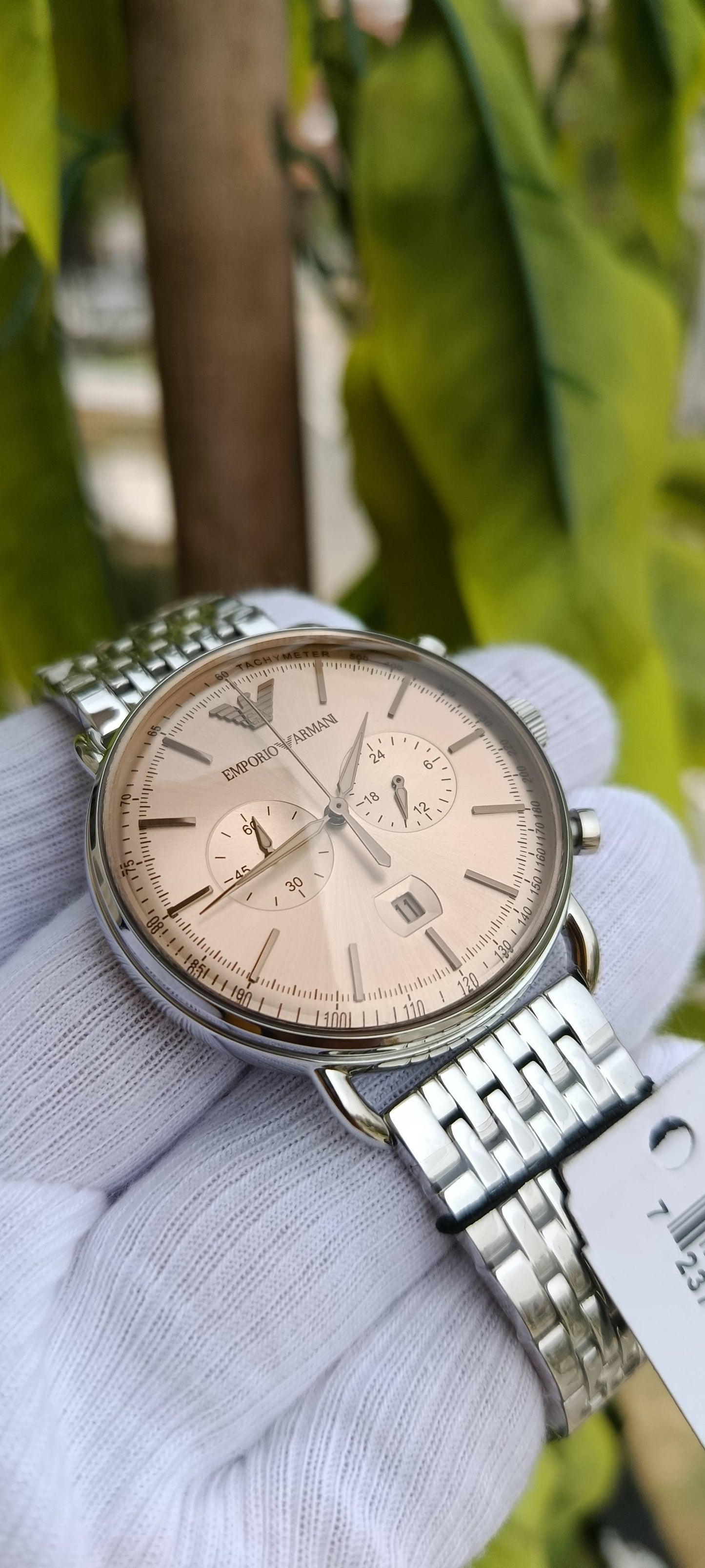 Emporio Armani Men's Chronograph Watch – Rose Gold Dial, Stainless Steel Bracelet, Tachymeter