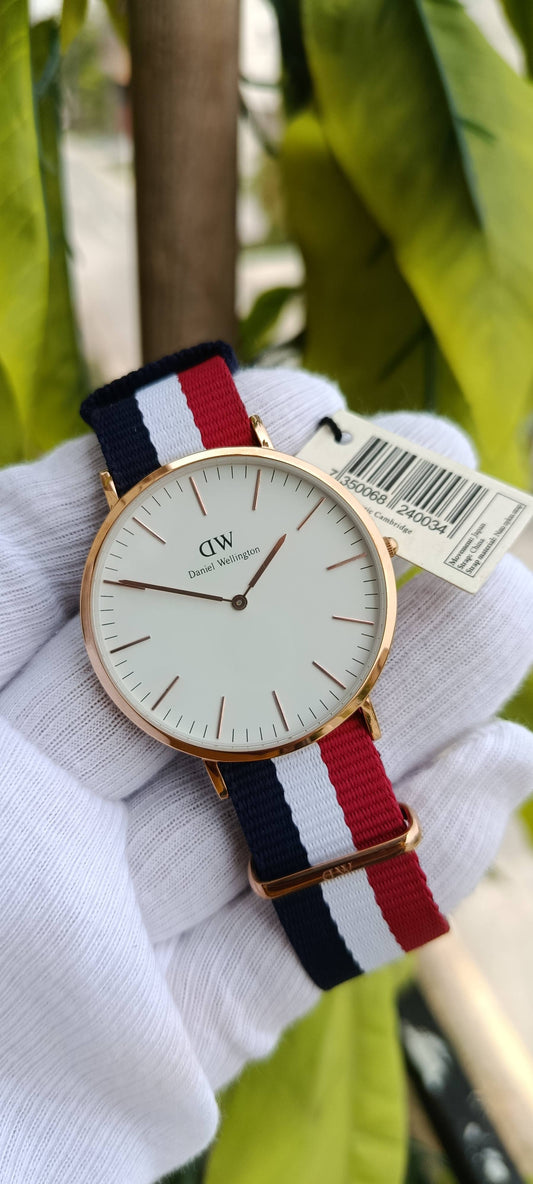 Daniel Wellington Classic Cambridge Watch – White Dial, Rose Gold Case, Navy/White/Red Striped NATO Strap