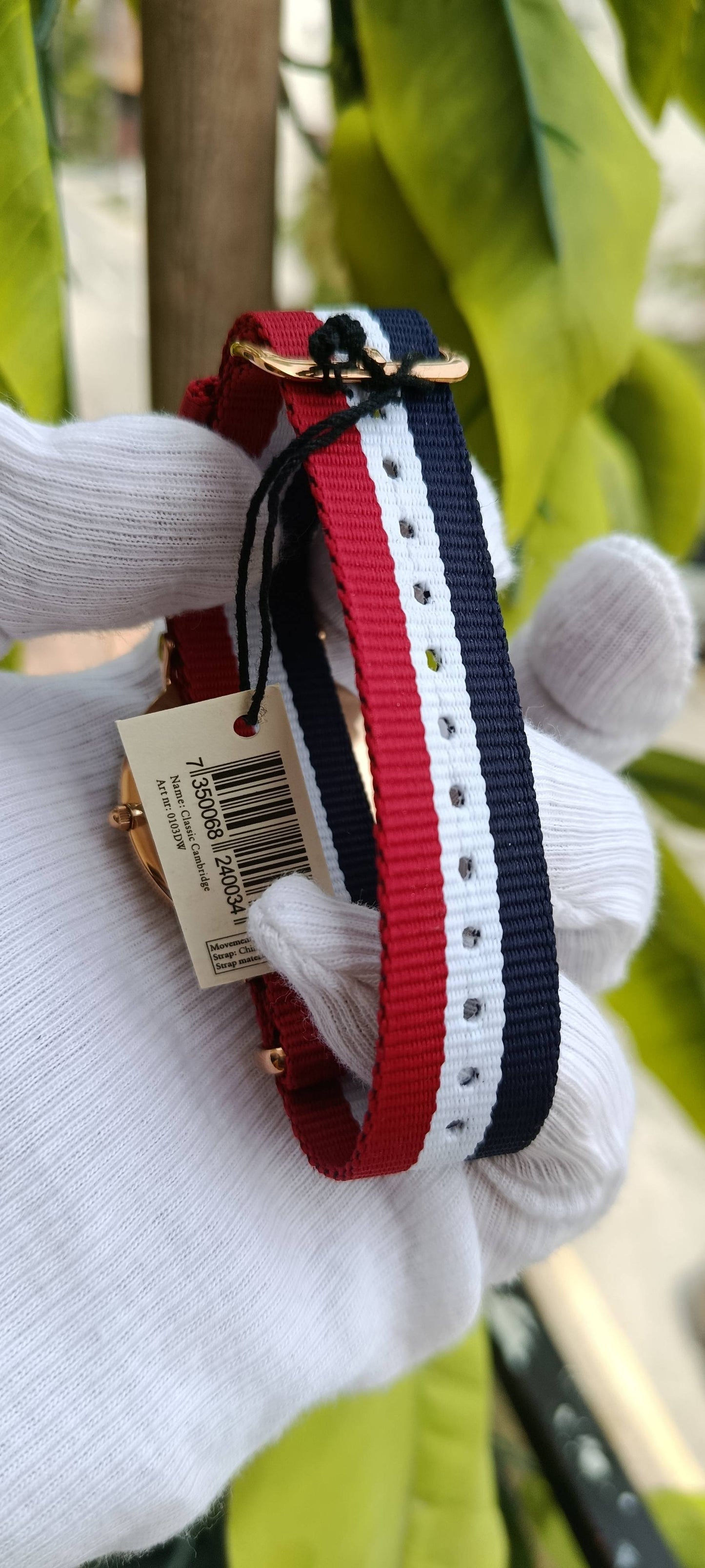 Daniel Wellington Classic Cambridge Watch – White Dial, Rose Gold Case, Navy/White/Red Striped NATO Strap