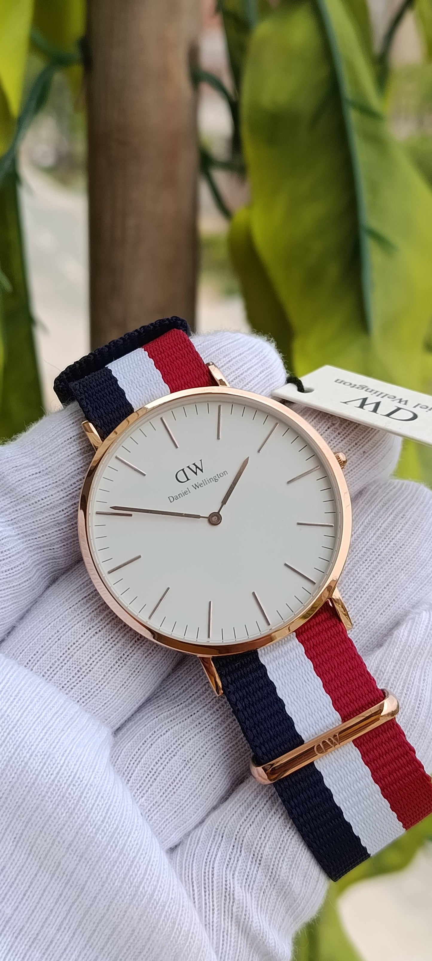 Daniel Wellington Classic Cambridge Watch – White Dial, Rose Gold Case, Navy/White/Red Striped NATO Strap