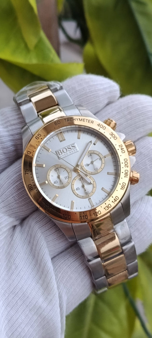 Hugo Boss Ikon Chronograph Watch for Men – Two-Tone Rose Gold & Silver Stainless Steel, White Dial, Tachymeter Bezel – Ref. 1513339