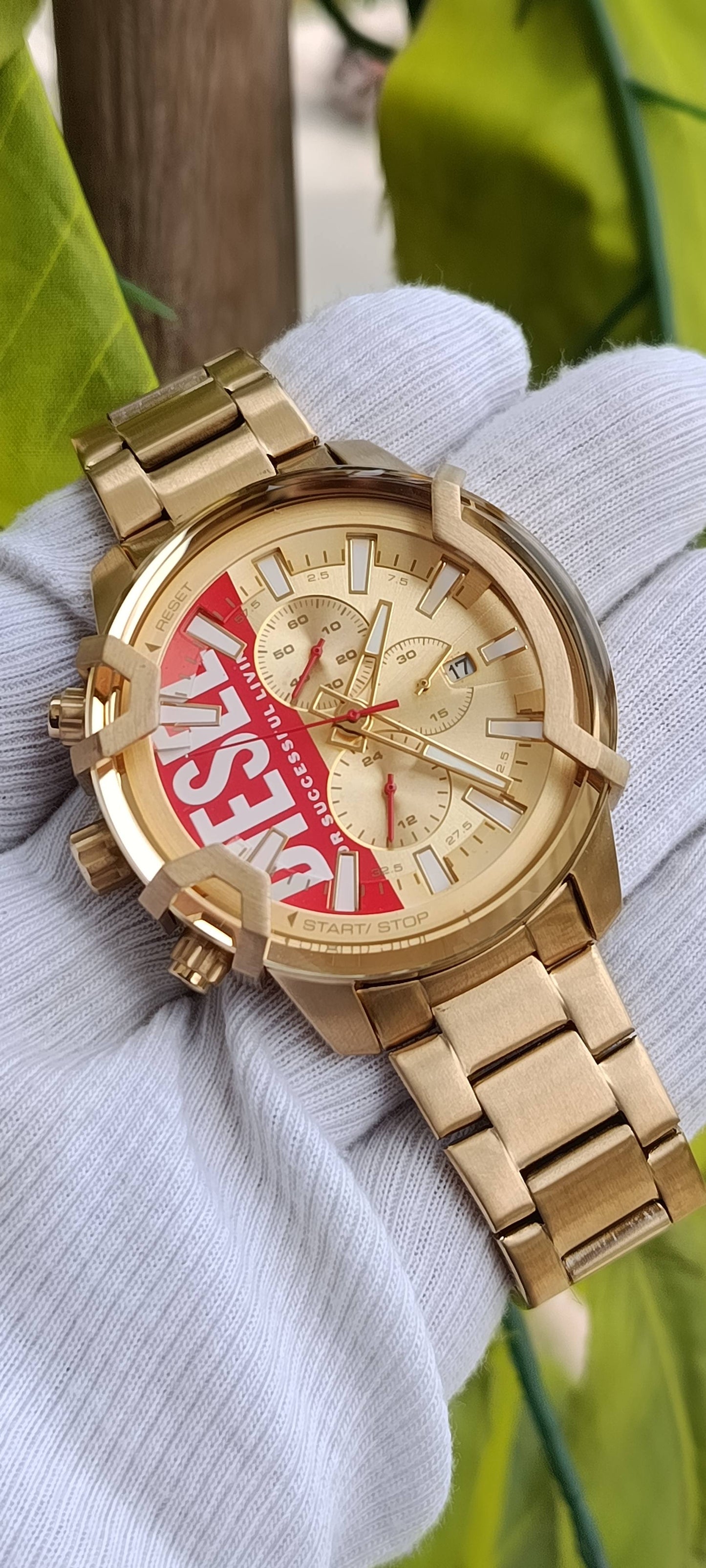 Diesel Griffed Chronograph Men's Watch – Gold-Tone Stainless Steel, Red "For Successful Living" Dial (48mm)