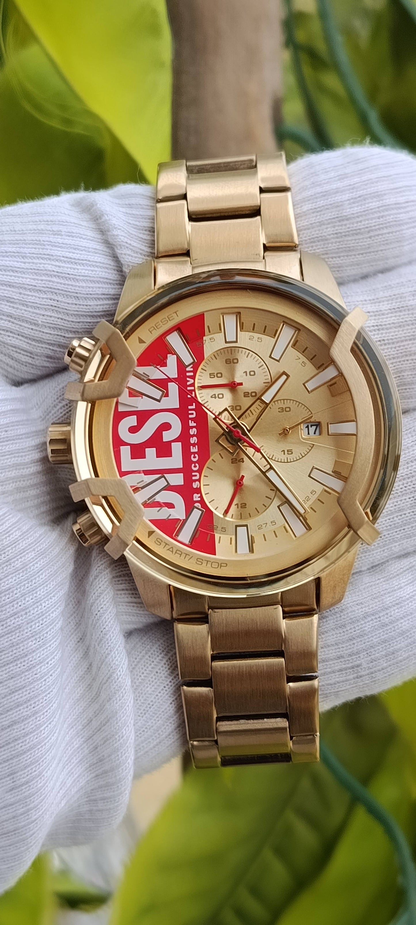 Diesel Griffed Chronograph Men's Watch – Gold-Tone Stainless Steel, Red "For Successful Living" Dial (48mm)