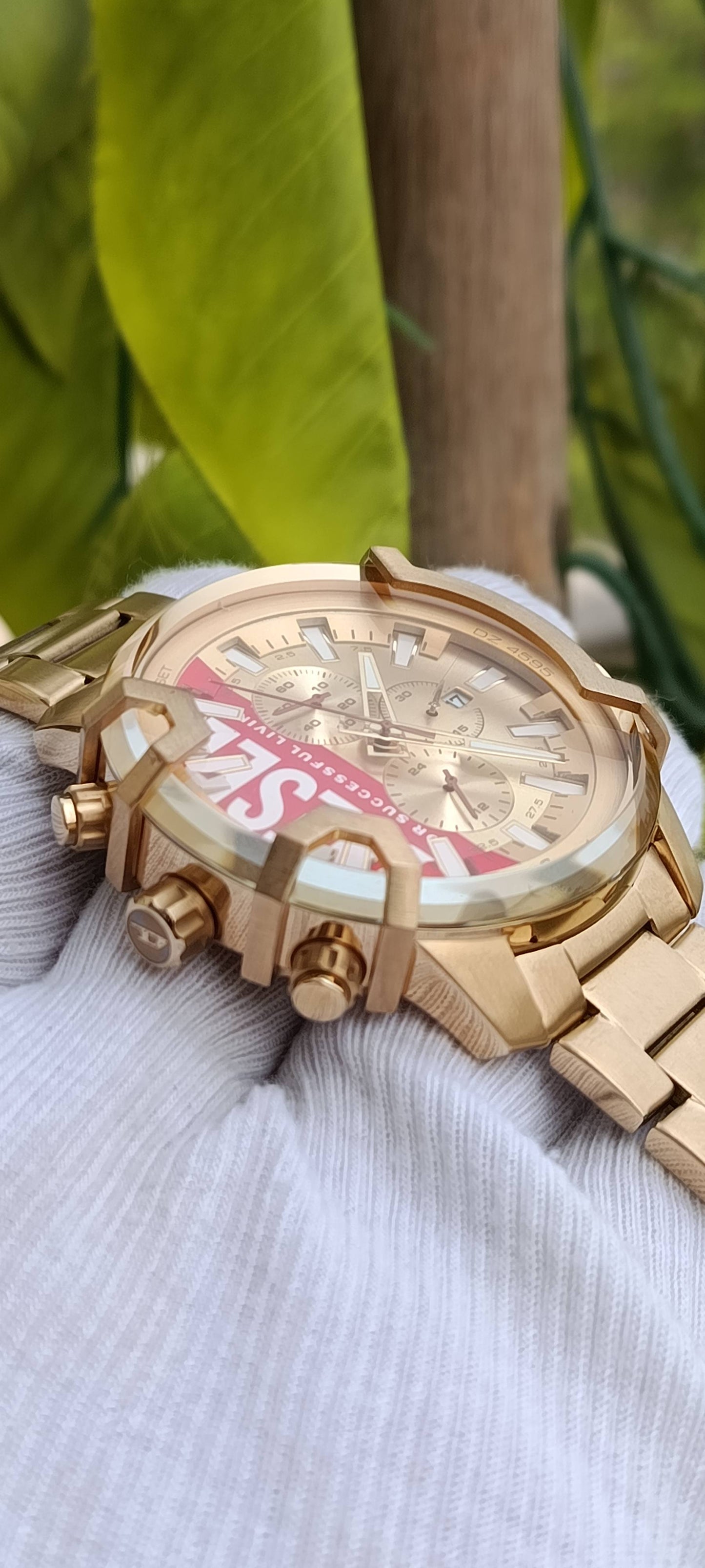 Diesel Griffed Chronograph Men's Watch – Gold-Tone Stainless Steel, Red "For Successful Living" Dial (48mm)