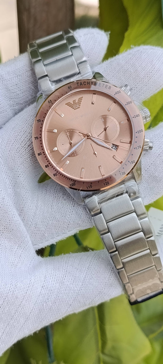 Emporio Armani Mario Chronograph Men's Watch – Silver Stainless Steel with Beige Dial – AR11352