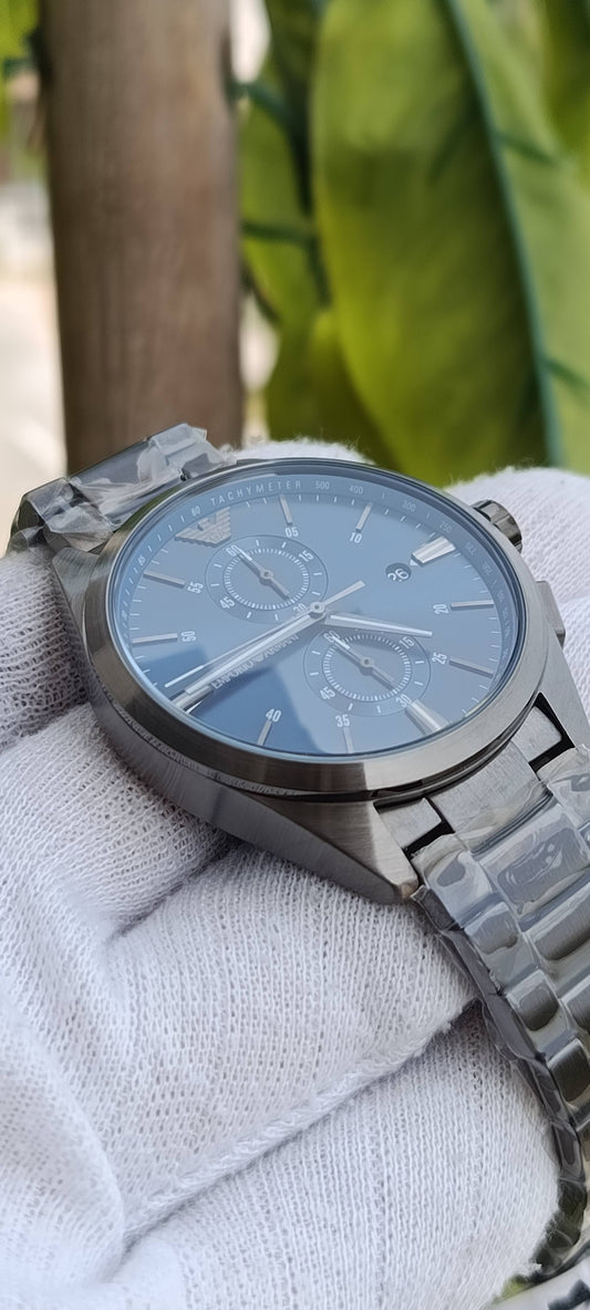 Emporio Armani Men's Quartz Chronograph Watch – Blue Dial, Grey Stainless Steel, 42mm – AR11481
