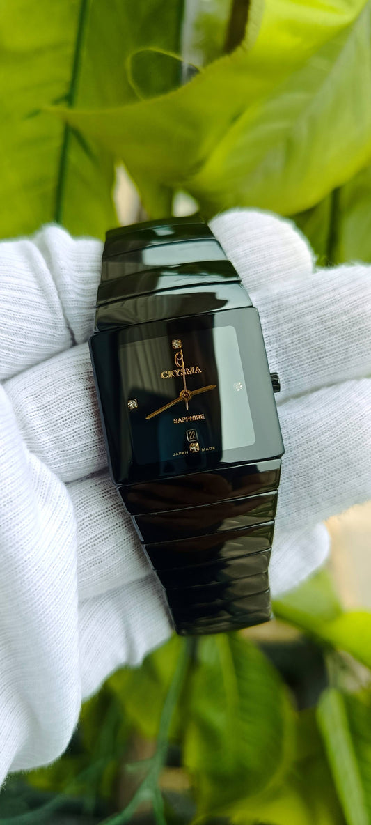 Crysma Sapphire All-Black Ceramic-Style Watch, Rectangular Dial, Japan Movement