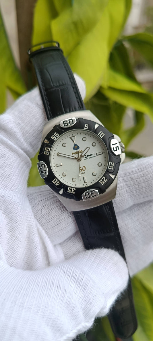 Lotto Pumas 50 Años Edition Sport Watch, Rotating Bezel, Black Leather Strap