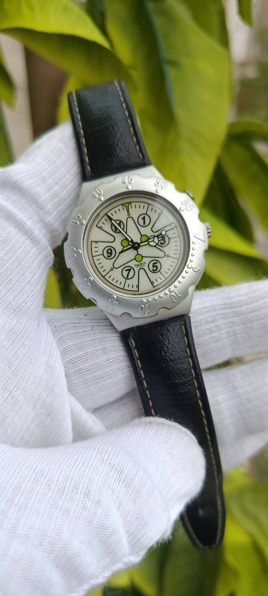 Swatch Swiss Vintage Aluminum Watch, Rotating Bezel, Black Leather Strap