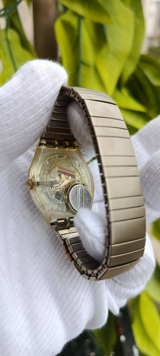 Swatch Swiss AG 2000 Minimalist Watch, Transparent Case, Metal Bracelet