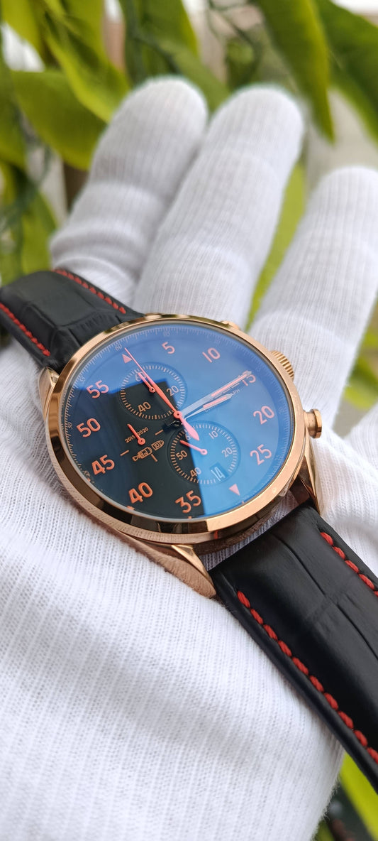 Gouool Chronograph-Style Watch, Rose Gold Case, Black Dial, Red-Stitched Leather Strap