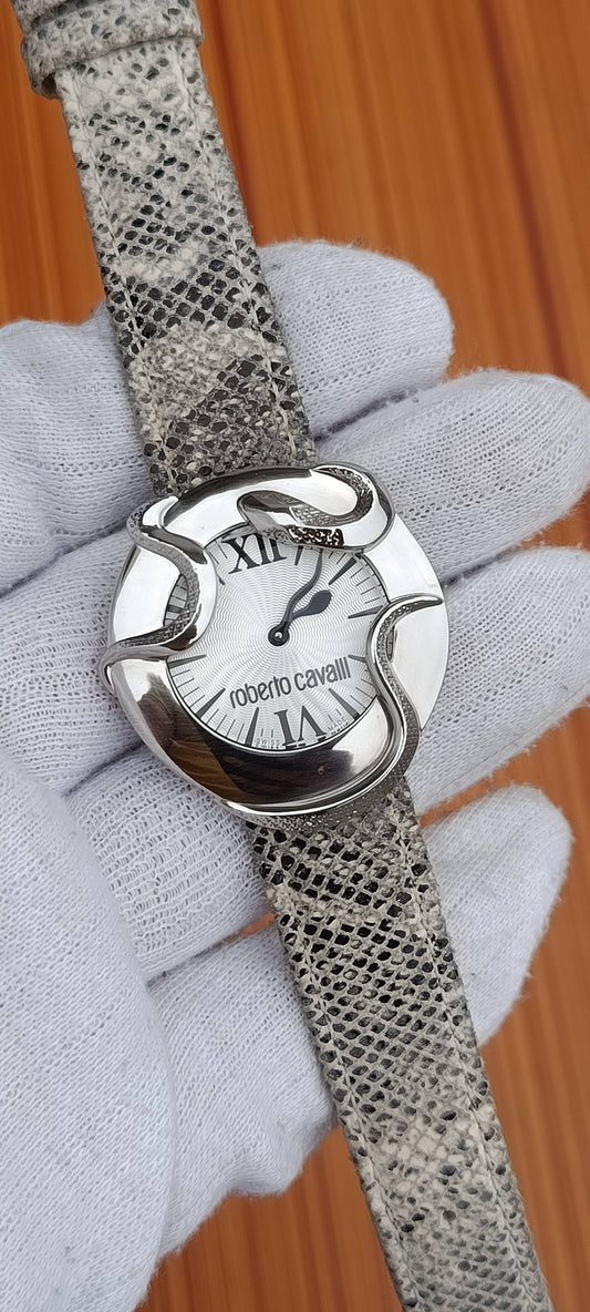 Roberto Cavalli Snake Design Ladies Watch – Silver Guilloché Dial, Genuine Snakeskin Leather Strap, Swiss Made