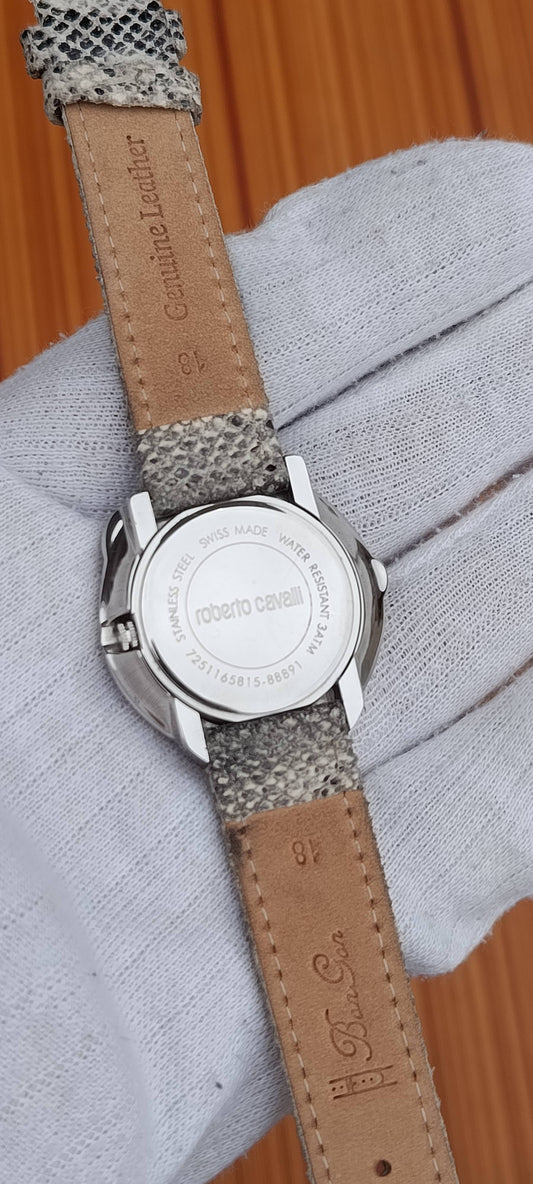 Roberto Cavalli Snake Design Ladies Watch – Silver Guilloché Dial, Genuine Snakeskin Leather Strap, Swiss Made
