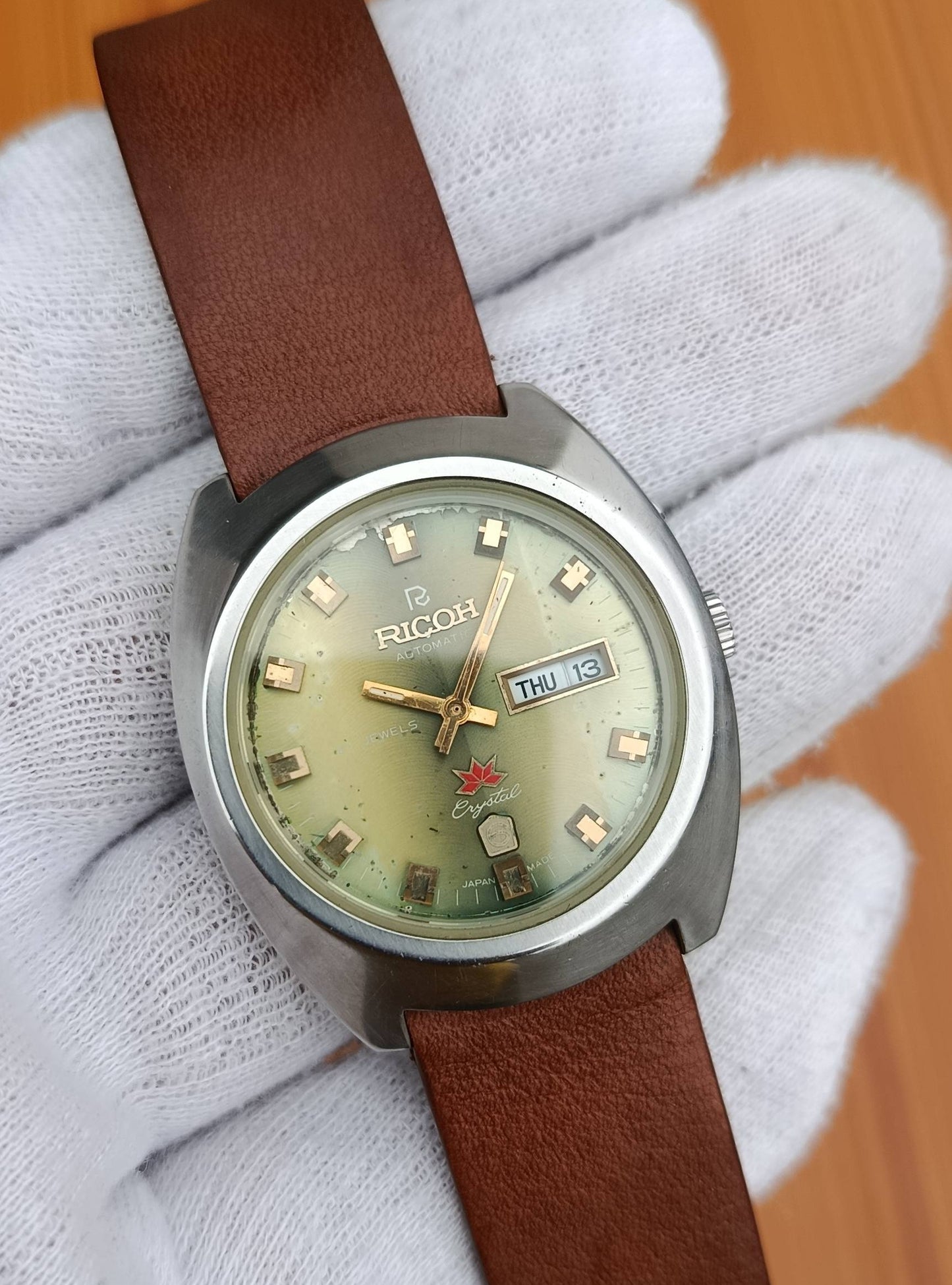Vintage Ricoh Automatic Men's Watch – Green Dial Day-Date, Brown Leather Strap, Japan Made