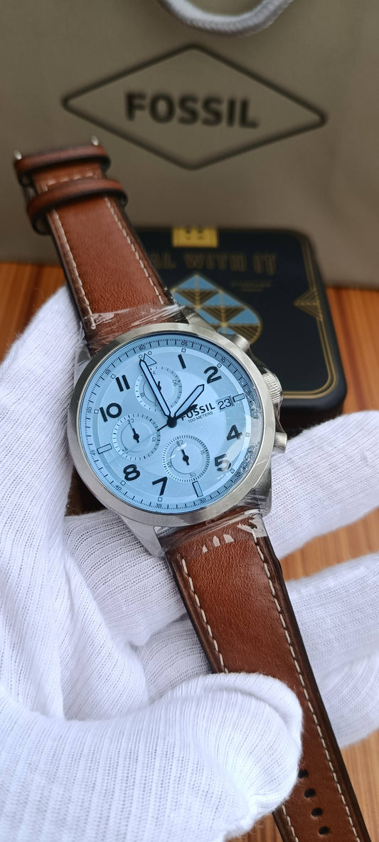 Fossil FS5169 Men's Chronograph Watch – Silver Dial, Leather Strap, 44mm