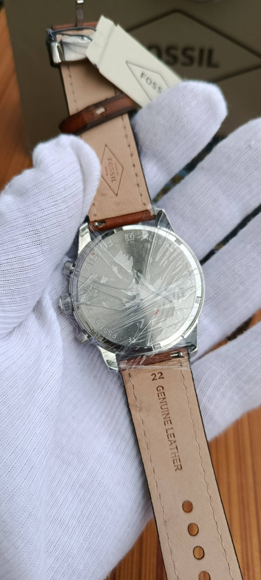 Fossil FS5169 Men's Chronograph Watch – Silver Dial, Leather Strap, 44mm