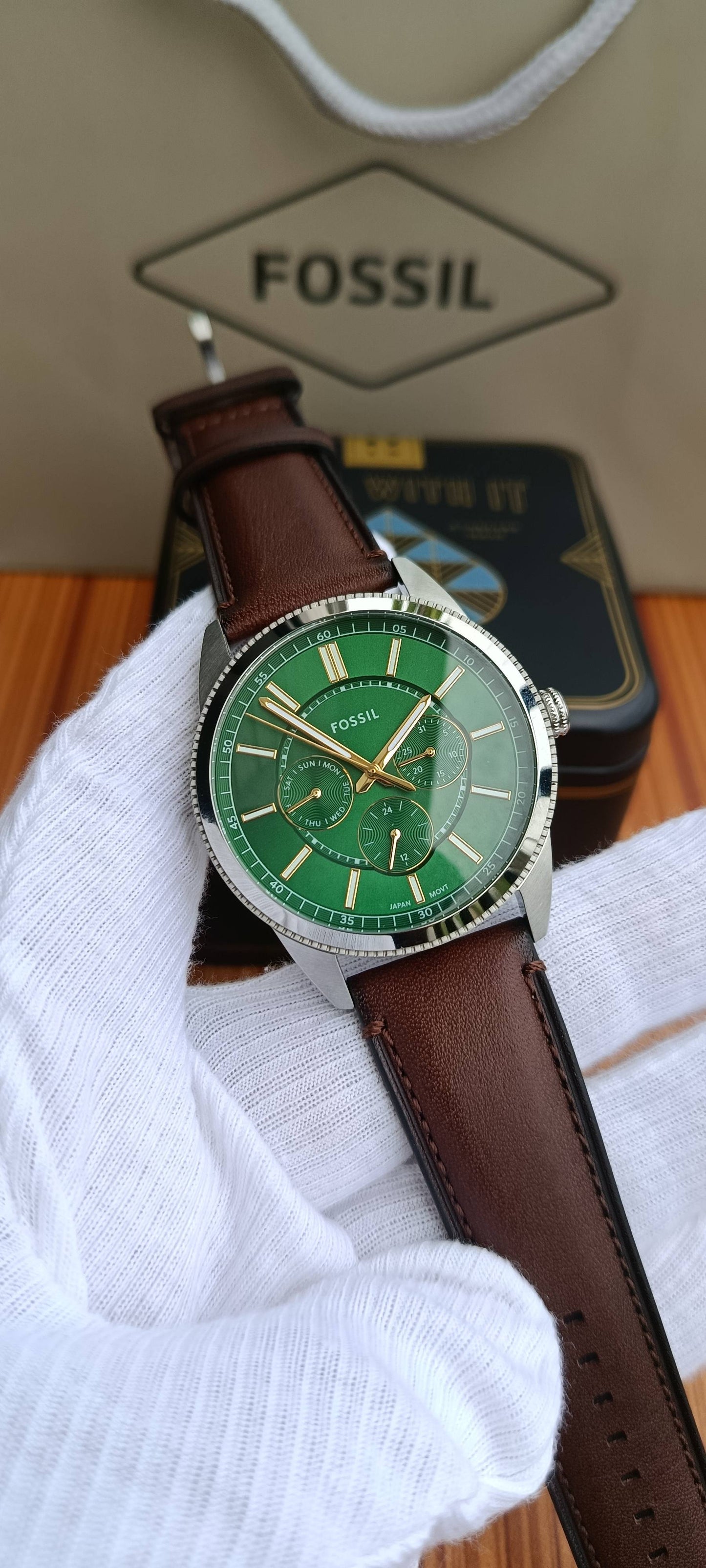 Fossil Pearson FS6137 Men's Multifunction Watch – Green Dial, Brown Leather Strap, 42mm