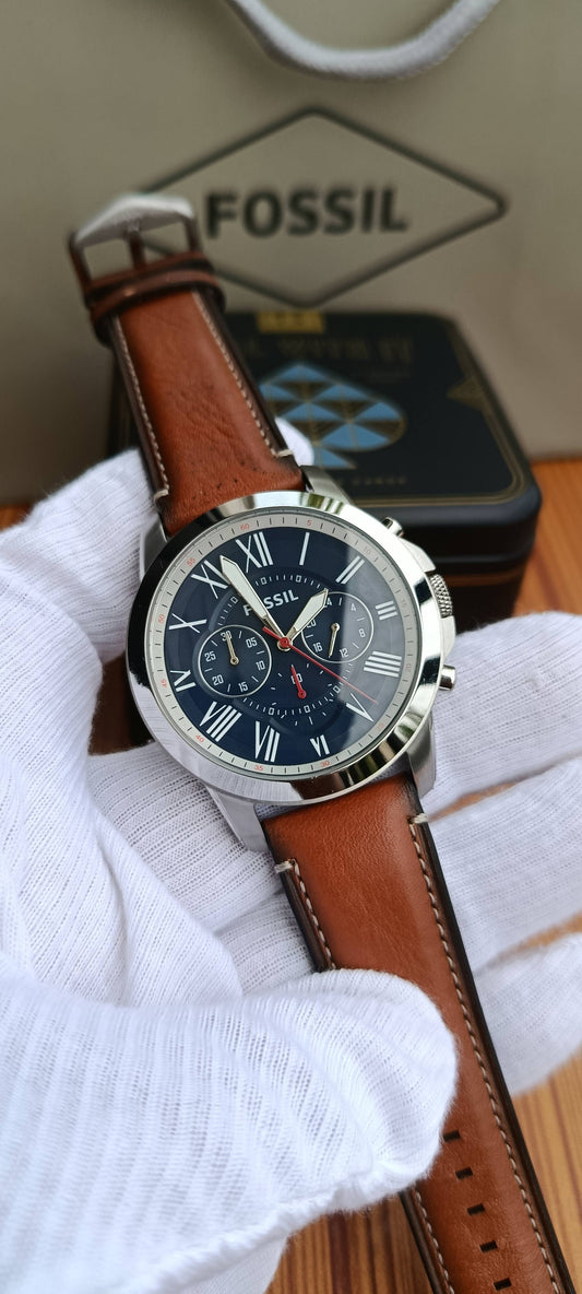 Fossil Grant FS5210 Men's Chronograph Watch – Blue Dial, Brown Leather Strap, 44mm