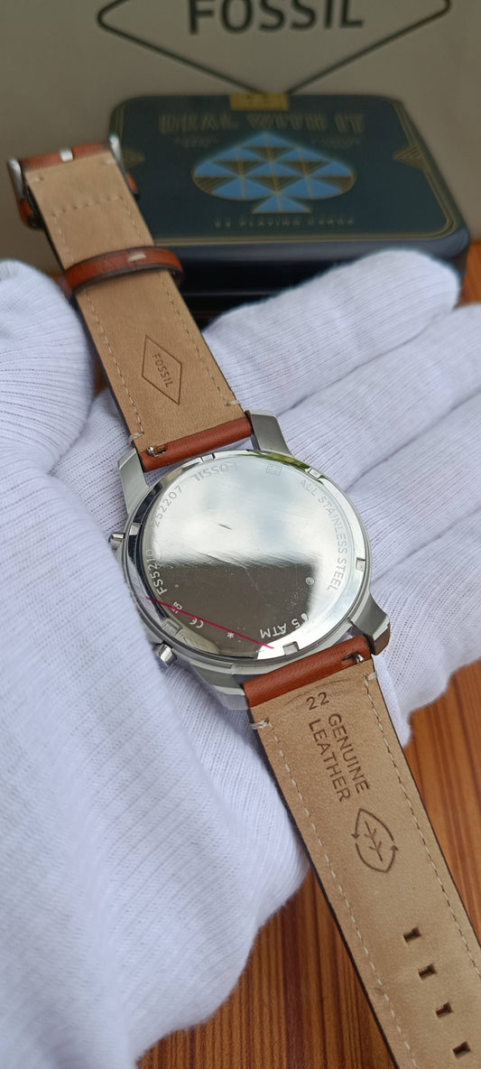 Fossil Grant FS5210 Men's Chronograph Watch – Blue Dial, Brown Leather Strap, 44mm