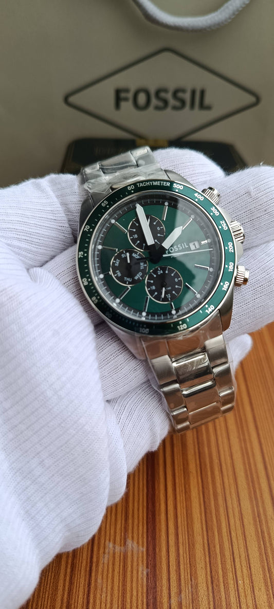 Fossil Autocross FS6127 Men's Multifunction Watch – Green Dial, Stainless Steel Bracelet, 42mm