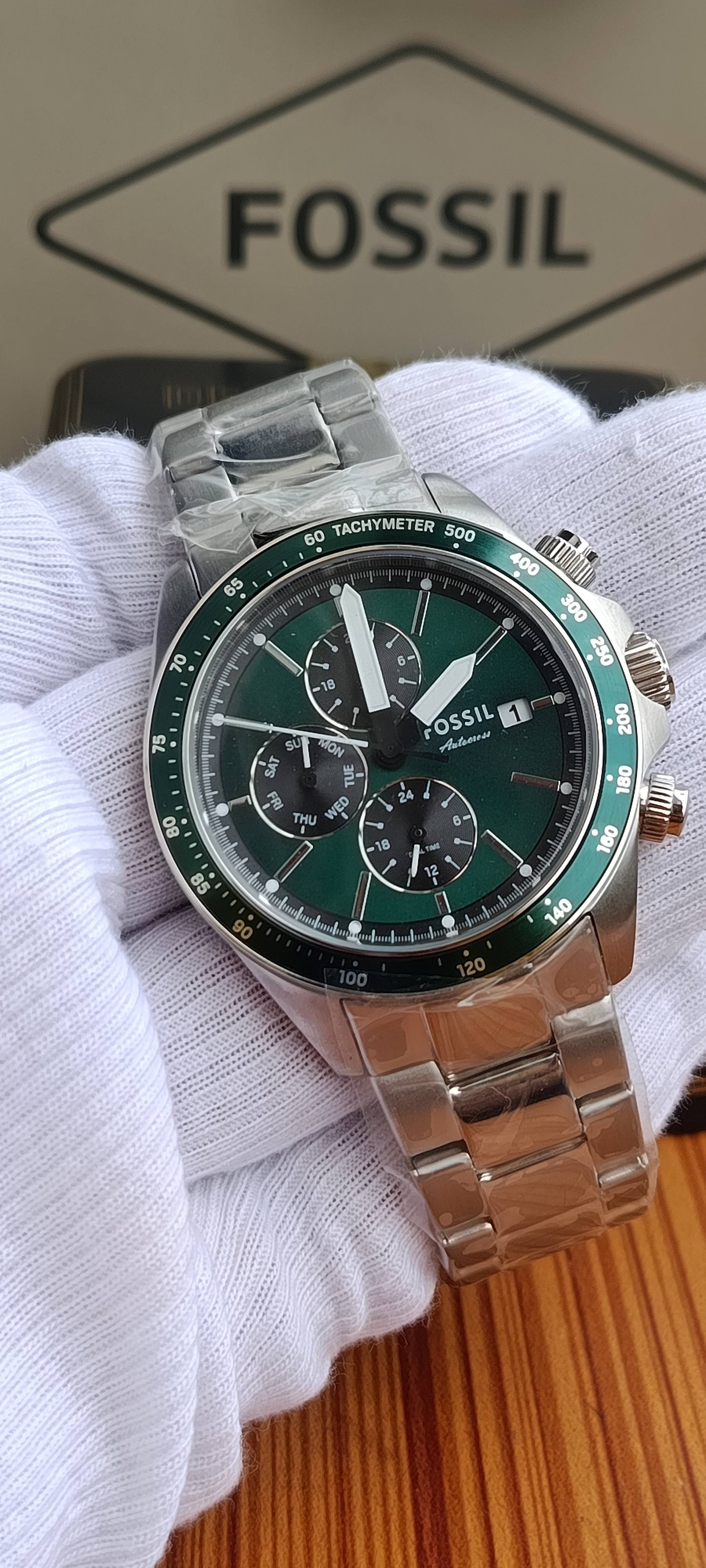 Fossil Autocross FS6127 Men's Multifunction Watch – Green Dial, Stainless Steel Bracelet, 42mm