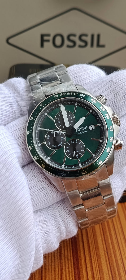 Fossil Autocross FS6127 Men's Multifunction Watch – Green Dial, Stainless Steel Bracelet, 42mm