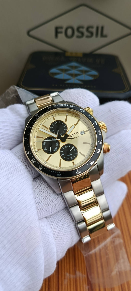 Fossil Autocross FS6126 Men's Multifunction Watch – Gold Dial, Two-Tone Stainless Steel, 42mm