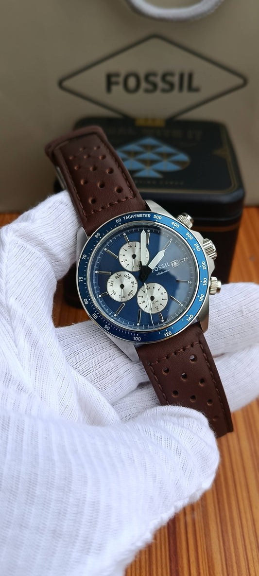 Fossil Autocross BQ2887 Men's Multifunction Watch – Blue Dial, Brown Leather Strap, 42mm