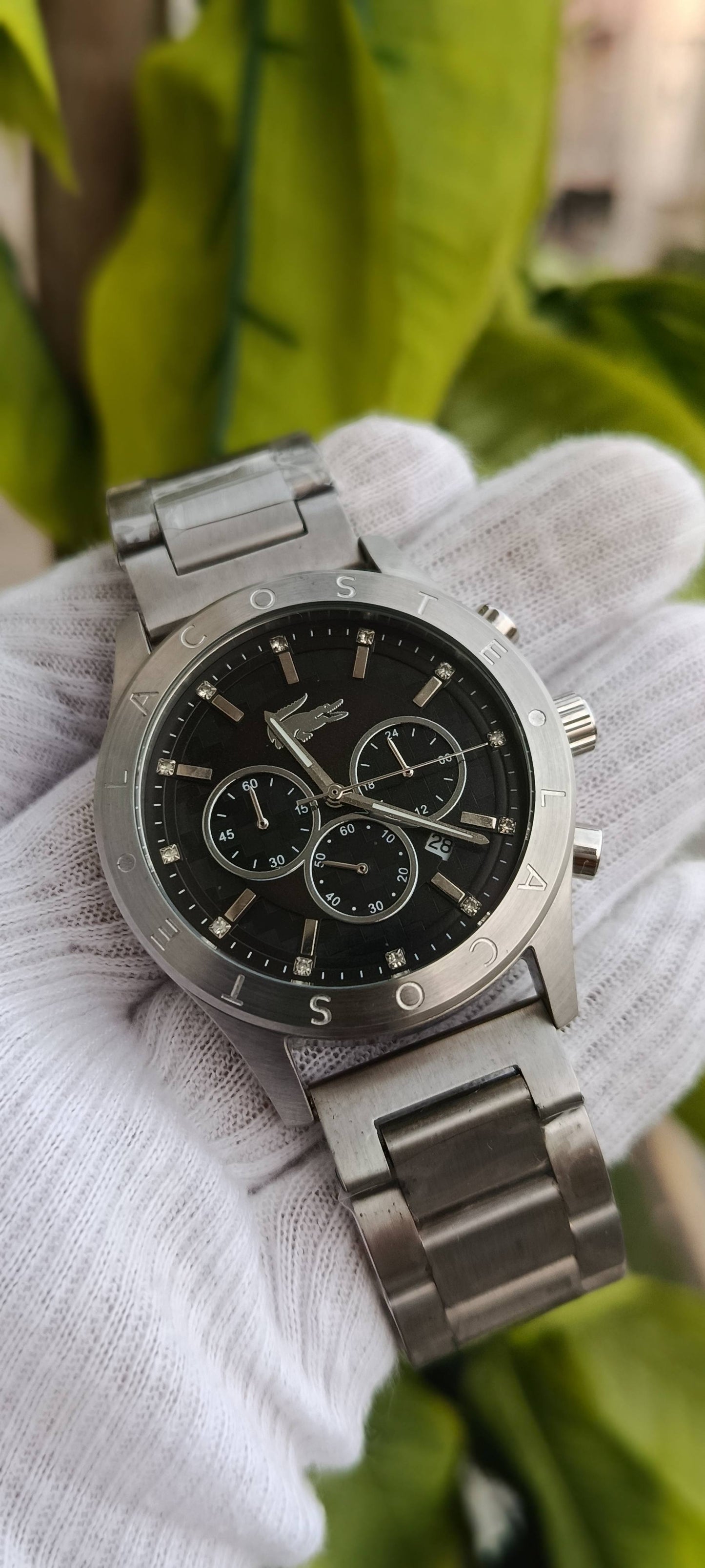 Lacoste Men's Chronograph Watch – White & Black Dial with Carbon-Fiber Sub-Dials, Stainless Steel Bracelet