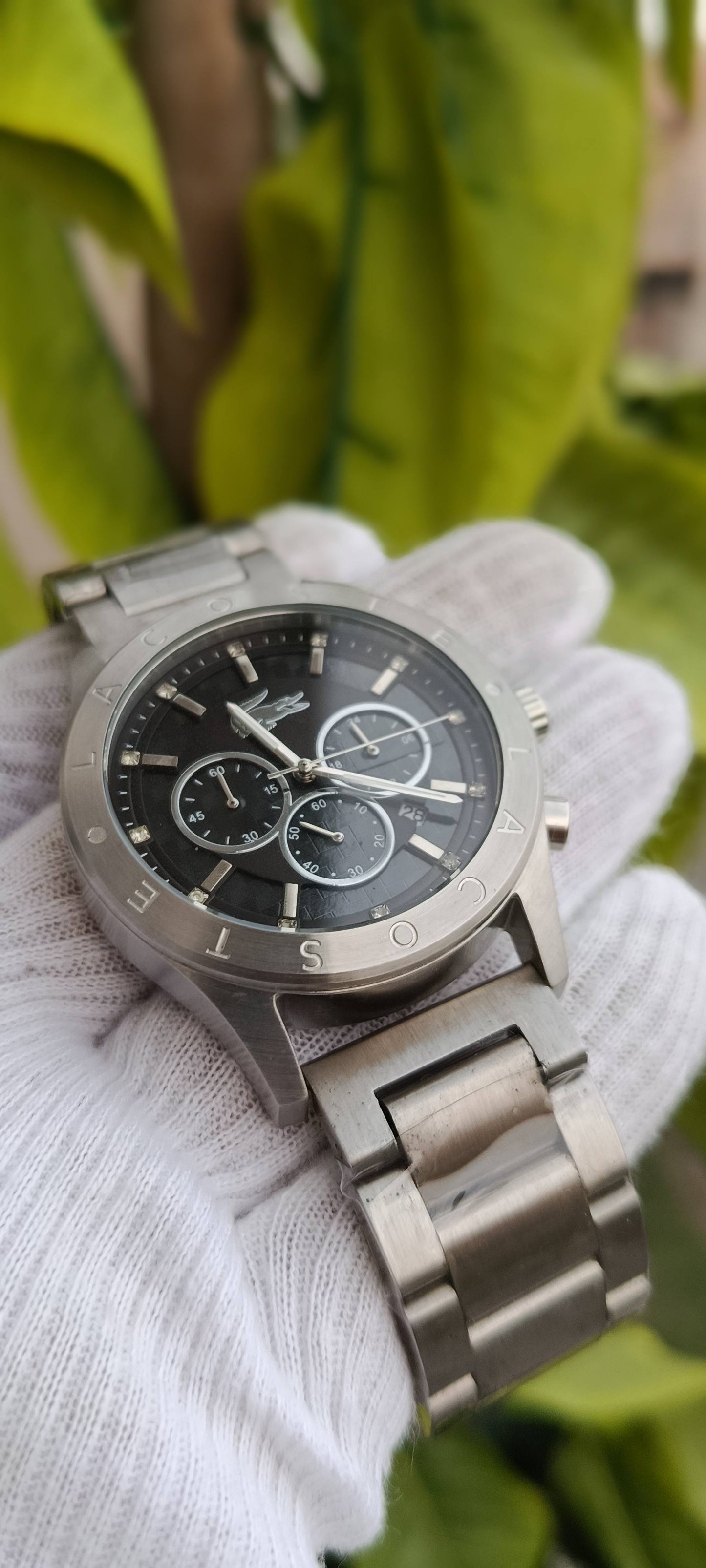 Lacoste Men's Chronograph Watch – White & Black Dial with Carbon-Fiber Sub-Dials, Stainless Steel Bracelet