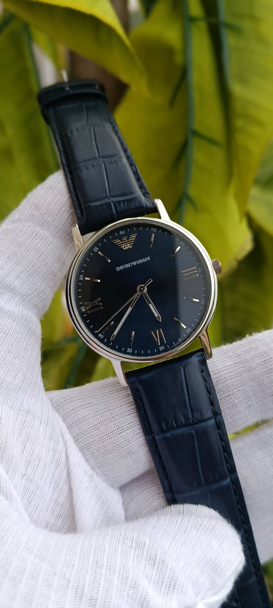 Emporio Armani Men's Navy Blue Dial Silver-Tone Leather Strap Watch