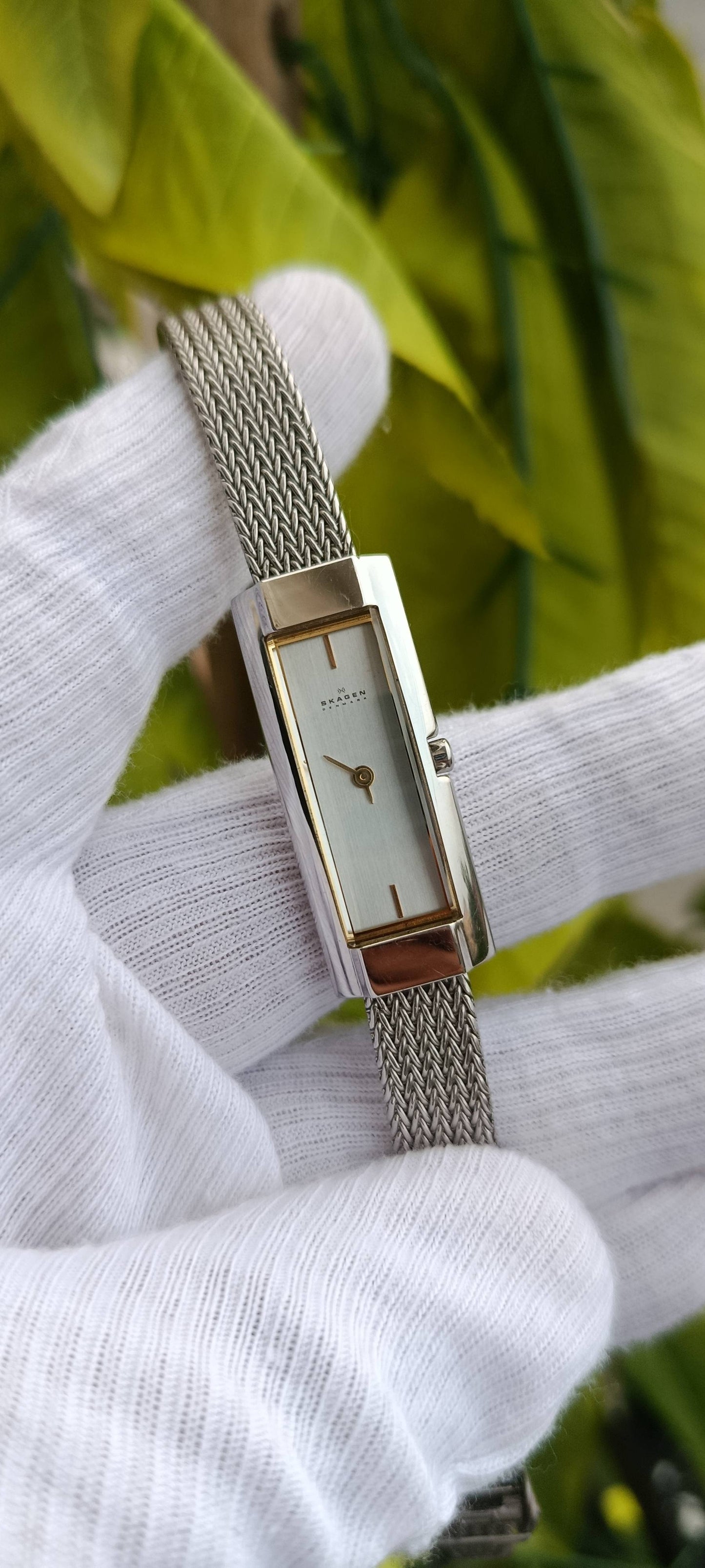 Vintage Skagen Denmark Women's Rectangular Dial Two-Tone Mesh Strap Watch
