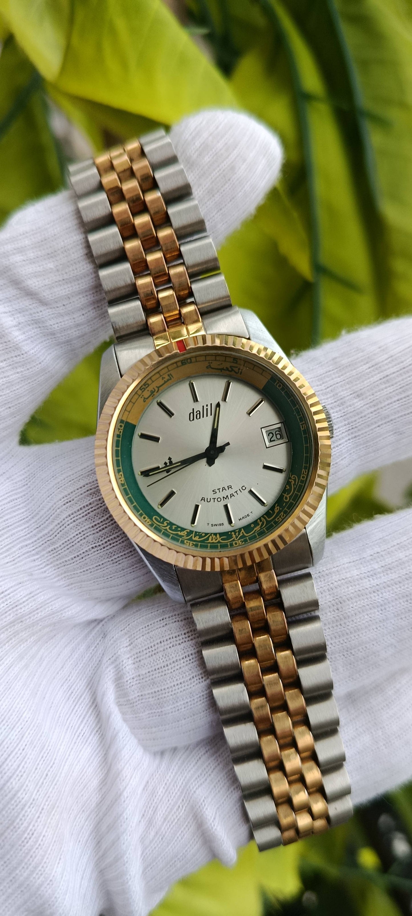 Vintage Dalil "Star Automatic" Two-Tone Watch – Datejust-Style Case, Green Islamic Compass/Qibla Bezel
