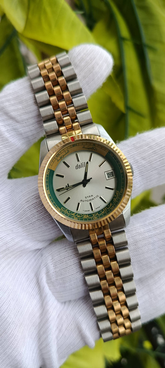 Vintage Dalil "Star Automatic" Two-Tone Watch – Datejust-Style Case, Green Islamic Compass/Qibla Bezel