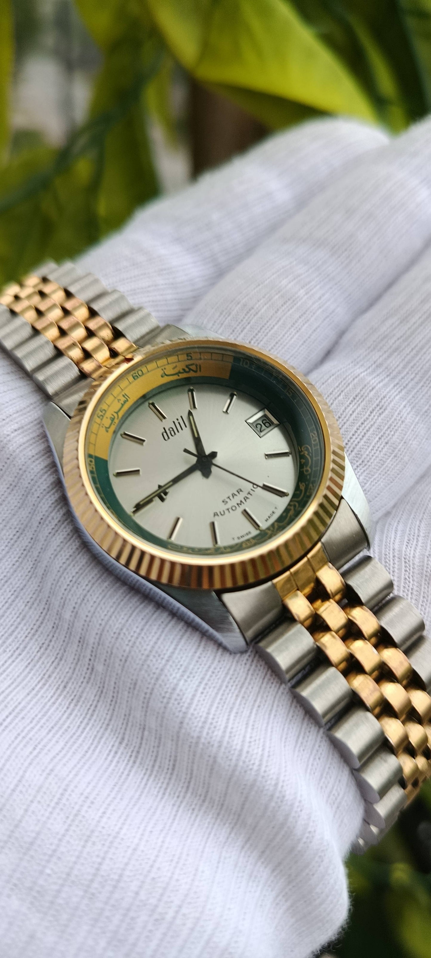 Vintage Dalil "Star Automatic" Two-Tone Watch – Datejust-Style Case, Green Islamic Compass/Qibla Bezel