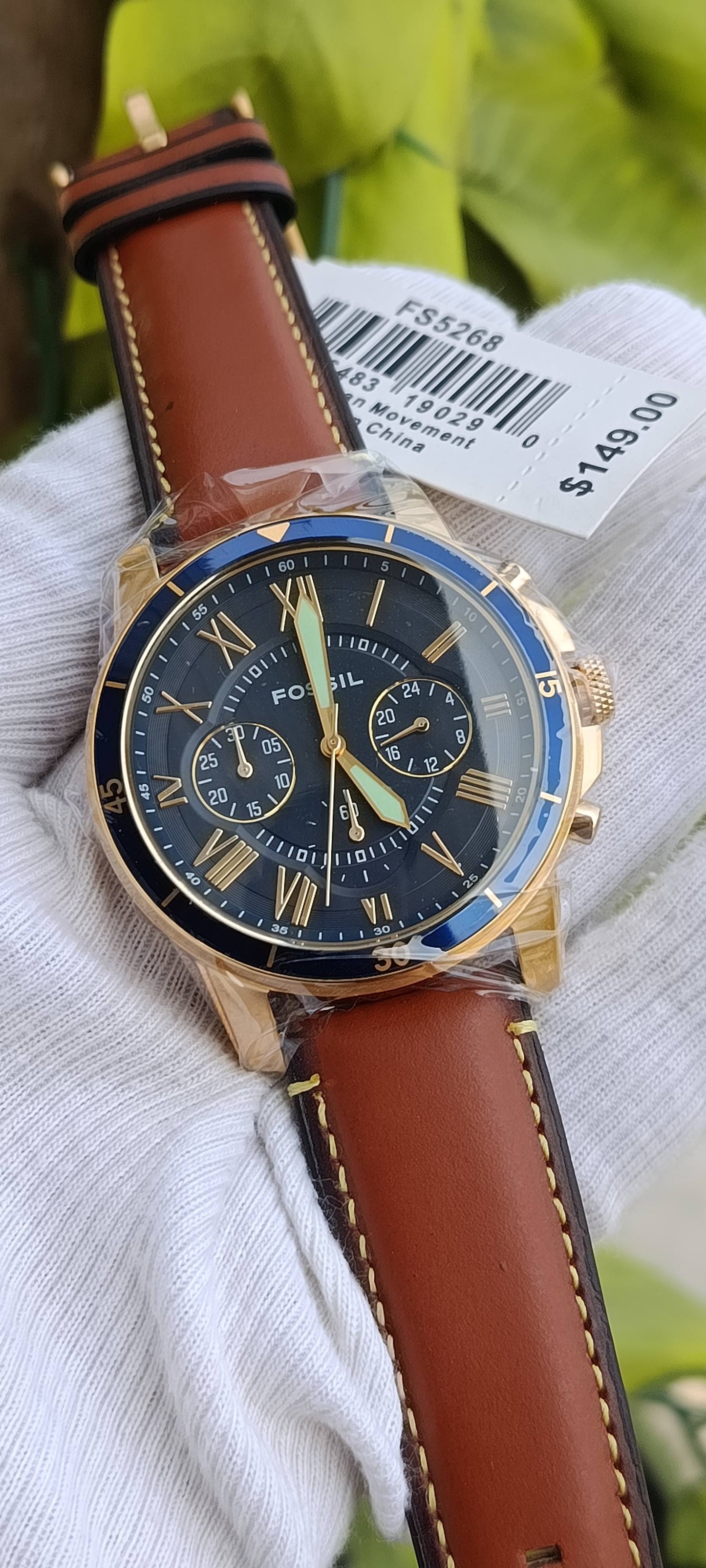 Fossil Grant Sport Men's Chronograph Watch FS5268 – Blue Dial, Gold-Tone Case, Light Brown Leather Strap