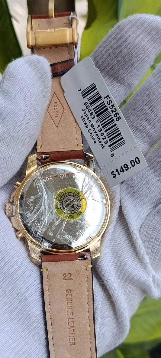 Fossil Grant Sport Men's Chronograph Watch FS5268 – Blue Dial, Gold-Tone Case, Light Brown Leather Strap