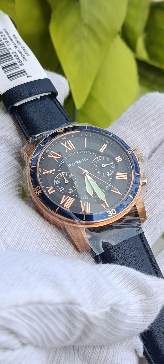 Fossil Grant Sport Men's Chronograph Watch FS5237 – Blue Dial, Rose Gold Case, Navy Leather Strap