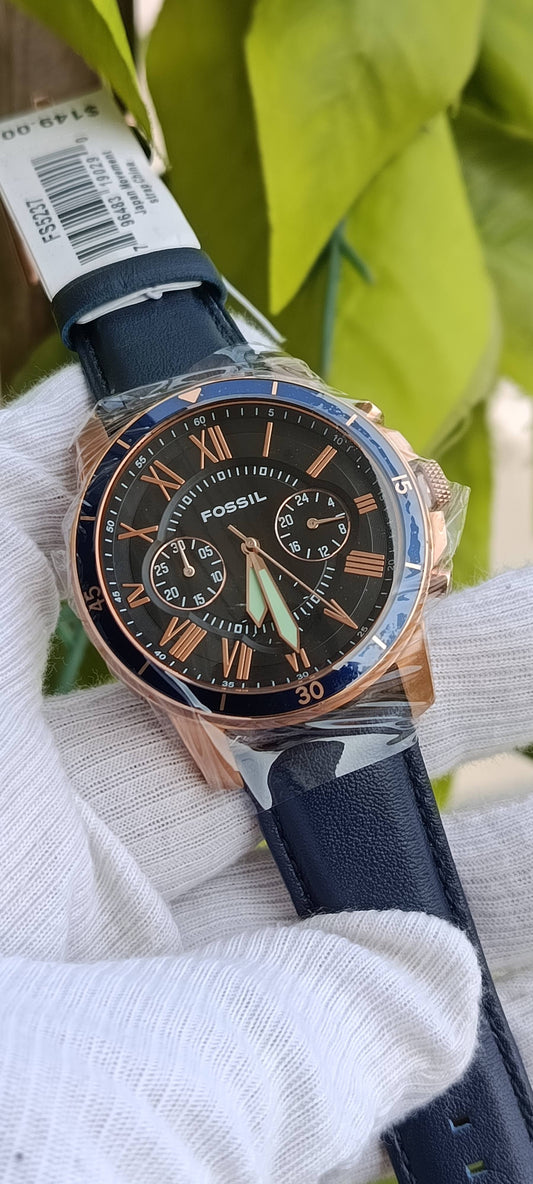 Fossil Grant Sport Men's Chronograph Watch FS5237 – Blue Dial, Rose Gold Case, Navy Leather Strap