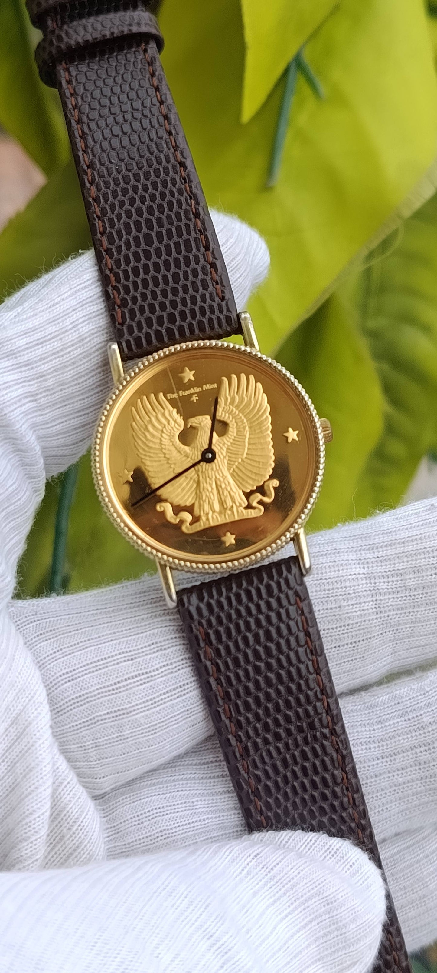 The Franklin Mint Eagle Dial Vintage Watch – Gold Plated Sterling Silver, by Gilroy Roberts, Leather Strap