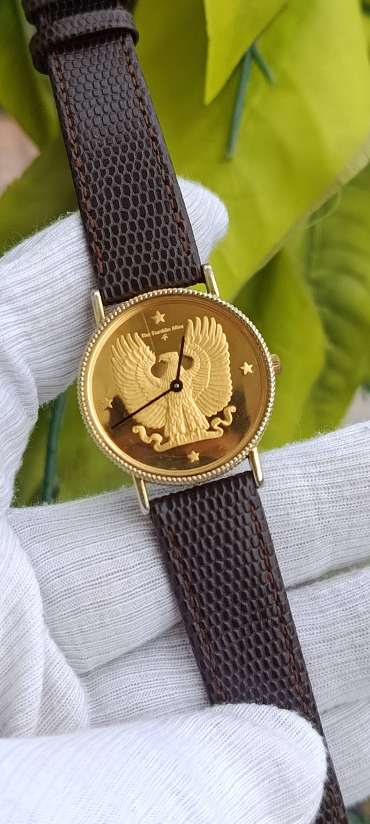 The Franklin Mint Eagle Dial Vintage Watch – Gold Plated Sterling Silver, by Gilroy Roberts, Leather Strap