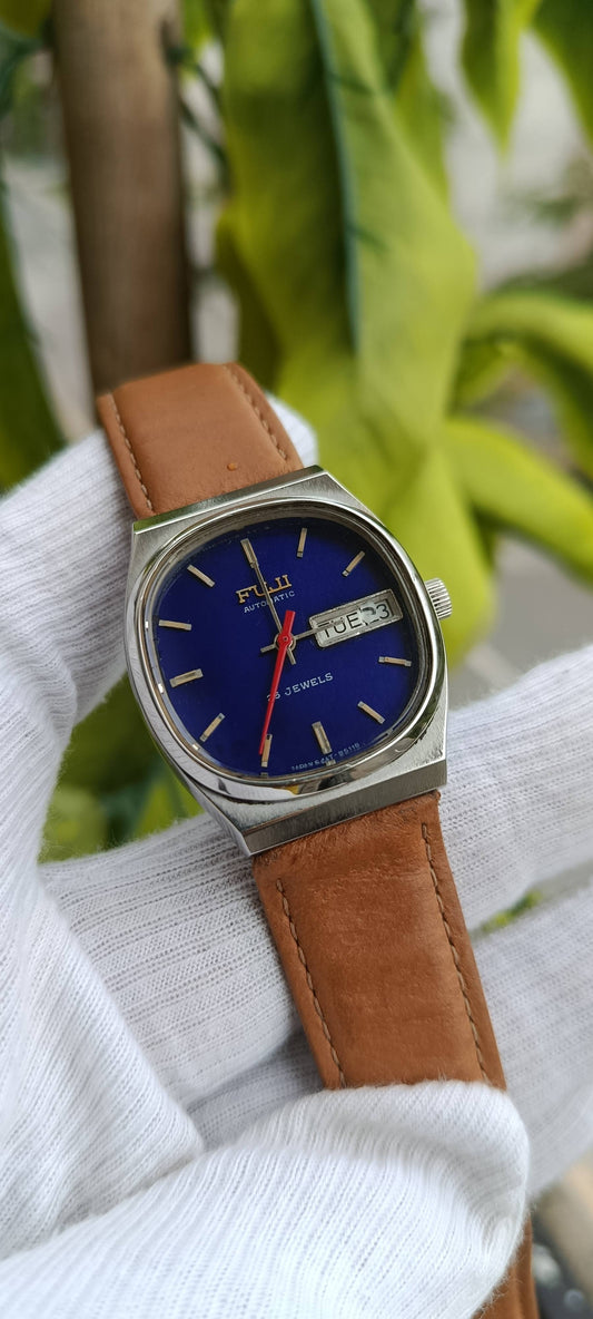 Fuji Automatic Vintage Watch – Blue Dial, 25 Jewels, Day/Date, Tan Leather Strap, Made in Japan