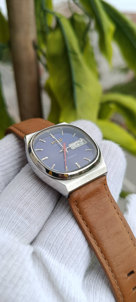 Fuji Automatic Vintage Watch – Blue Dial, 25 Jewels, Day/Date, Tan Leather Strap, Made in Japan