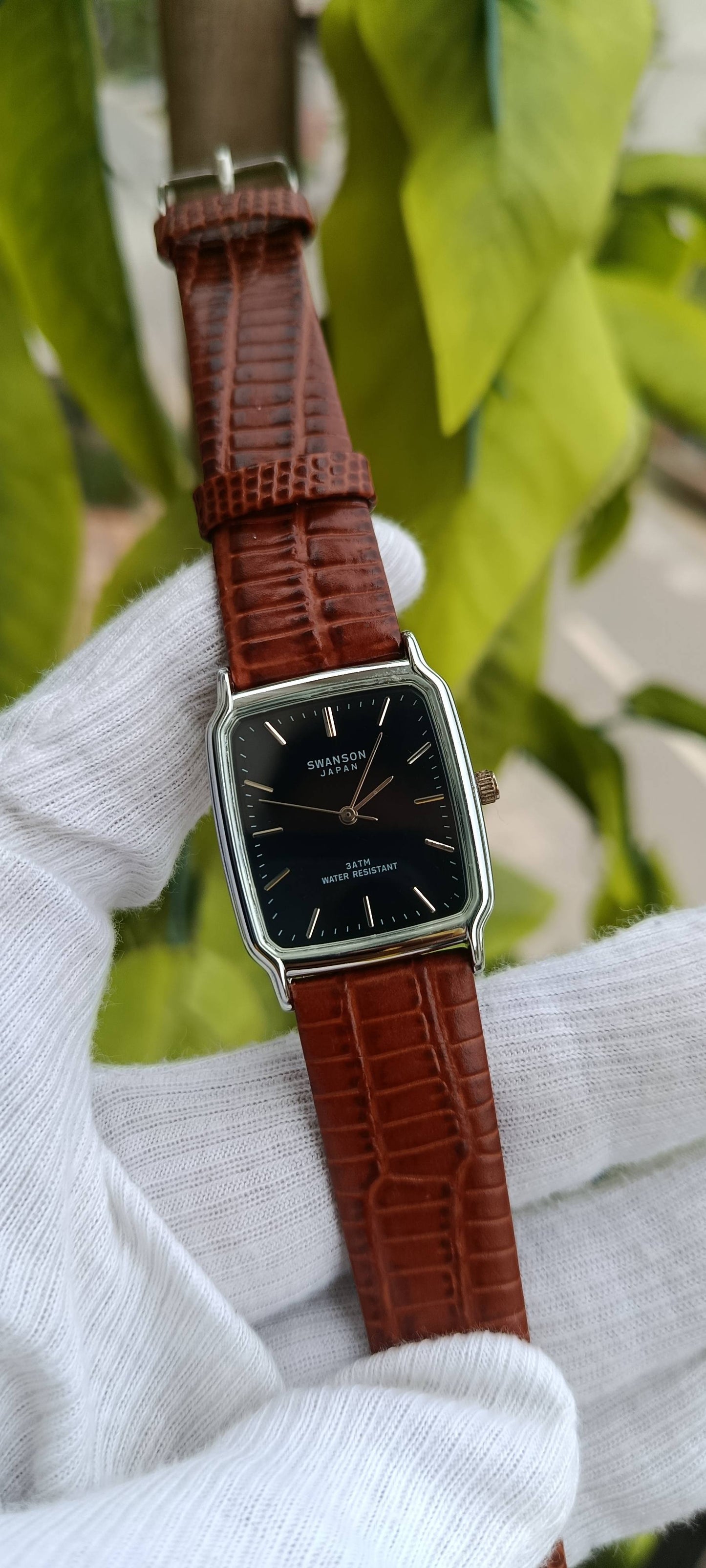 Swanson Japan Men's Watch – Black Rectangular Dial, Silver Case, Brown Croc-Embossed Leather Strap